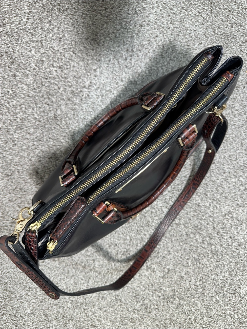 Brahmin Black Leather Satchel Shoulder Bag Brown Croc Embossed Trim Purse - Picture 10 of 16